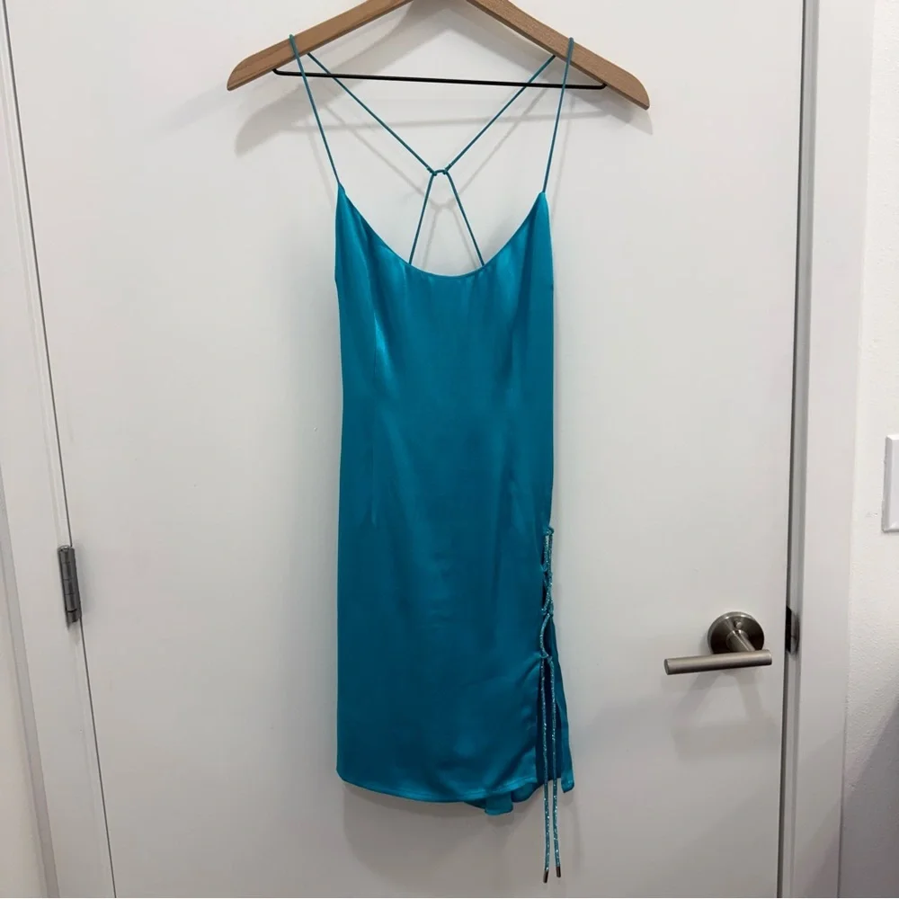 Meshki NEW Briah Diamante satin Mini Dress in cyan blue turquoise size small - Picture 2 of 9